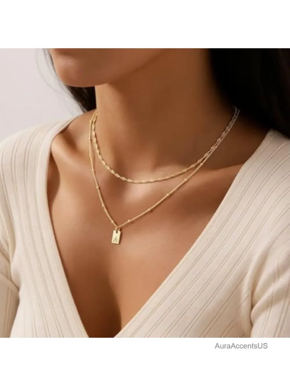 Layered Initial Necklace 14K Gold Plated Pendant Women